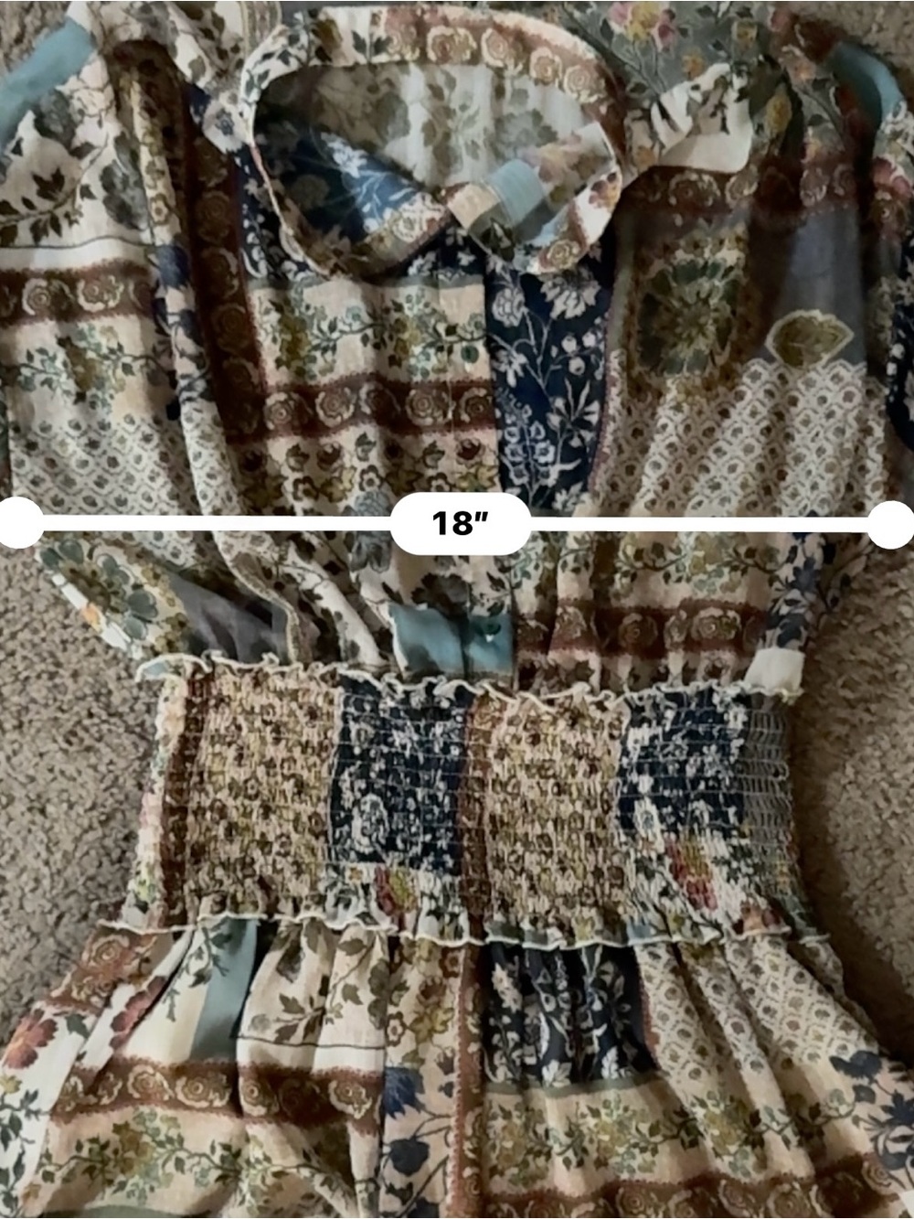 Zara Patchwork Floral Smocked Waist Dress in Blue, Cream & Brown - Picture 4 of 7